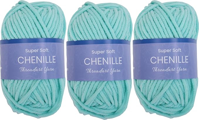 3 Pack ThreadArt Chenille Yarn for Crocheting, Knitting, Amigurumi, Super Soft Plush Velvet Yarn - 50 Gram 60 yds #5 Fluffy Yarn Skeins - Light Aqua 27