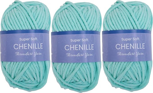 3 Pack ThreadArt Chenille Yarn for Crocheting, Knitting, Amigurumi, Super Soft Plush Velvet Yarn - 50 Gram 60 yds #5 Fluffy Yarn Skeins - Light Aqua 27