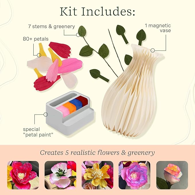 Lifelines FlowCrafts, Paper Flower Bouquet - Create a 5-Flower Bouquet with 80+ Petals, 2 Leafy Sprigs & Elegant Vase - Sensory Arts & Crafts Kit for Teens & Adults - Paper Decorations
