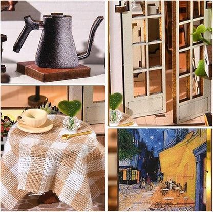 Foyucool DIY Book Nook Kit, Miniature Bookshelf Decor with LED Lights, Laser-Cut Wooden Craft Set for Adults, Creative Gift for Christmas, Birthday, Coffee Garden