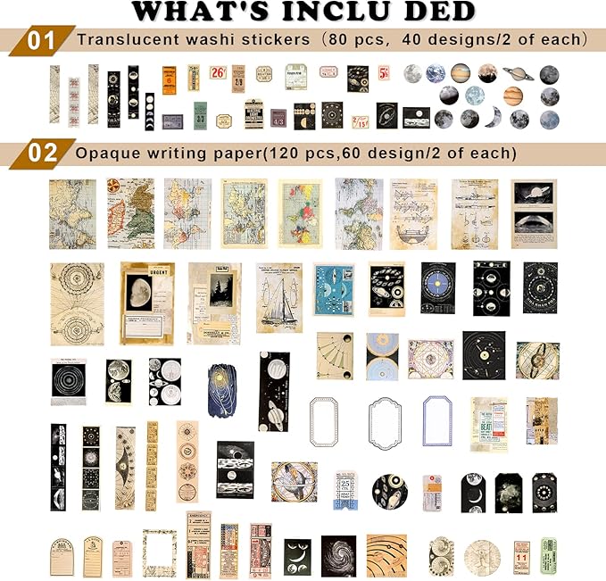 Draupnir 200pcs Vintage Junk Journal Supplies,Scrapbook Supplies Scrapbooking Paper and Stickers Ephemera for Art Aesthetic Journaling Kit Collage(Celestial)