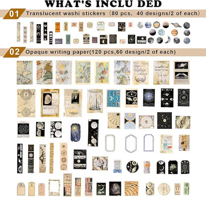 Draupnir 200pcs Vintage Junk Journal Supplies,Scrapbook Supplies Scrapbooking Paper and Stickers Ephemera for Art Aesthetic Journaling Kit Collage(Celestial)