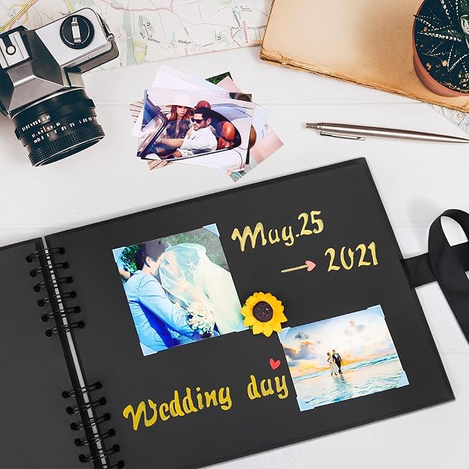 Vienrose Scrapbook Album 80 Pages, DIY Photo Album with Accessories, Black Kraft Paper Memory Book for Wedding, Birthday, Travel, Valentine, Mother’s Day, 11x8 Inches