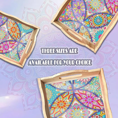 EWJRNSF Diamond Art Kits for Adults Wooden Serving Trays with Handles, 5D Diamond Painting Big Gem Arts and Craft Gifts Trays Decor Gift Home Decor 7.8x11.8 Inches Mandala A