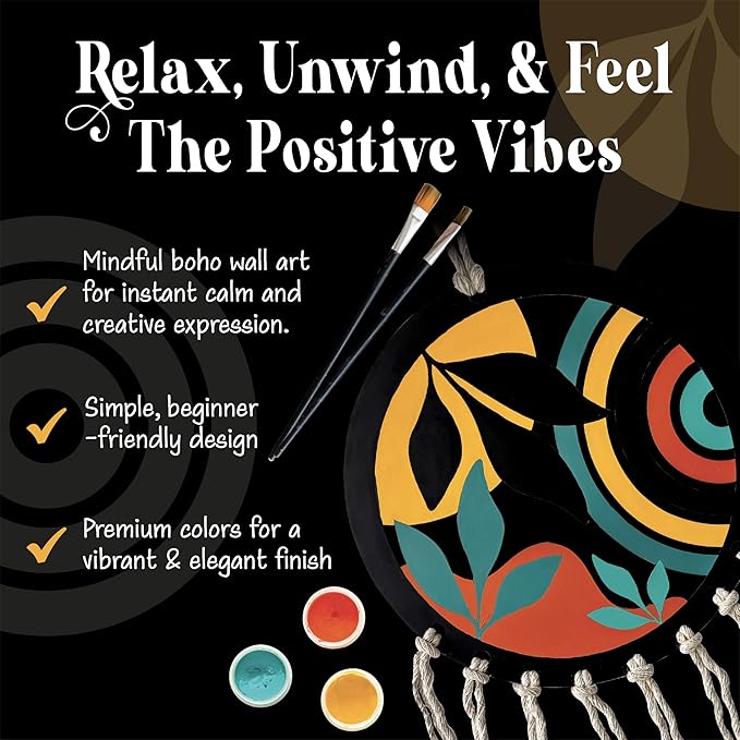 Unwynd Boho Wall Art – Paint & Knot Craft Kit – Paint 10" MDF Round Cutout and Learn Beautiful Macrame Knots, Creative Craft Activity for Adults, Ideal for Home Decoration, Perfect Creative Gift for Adults and Teens