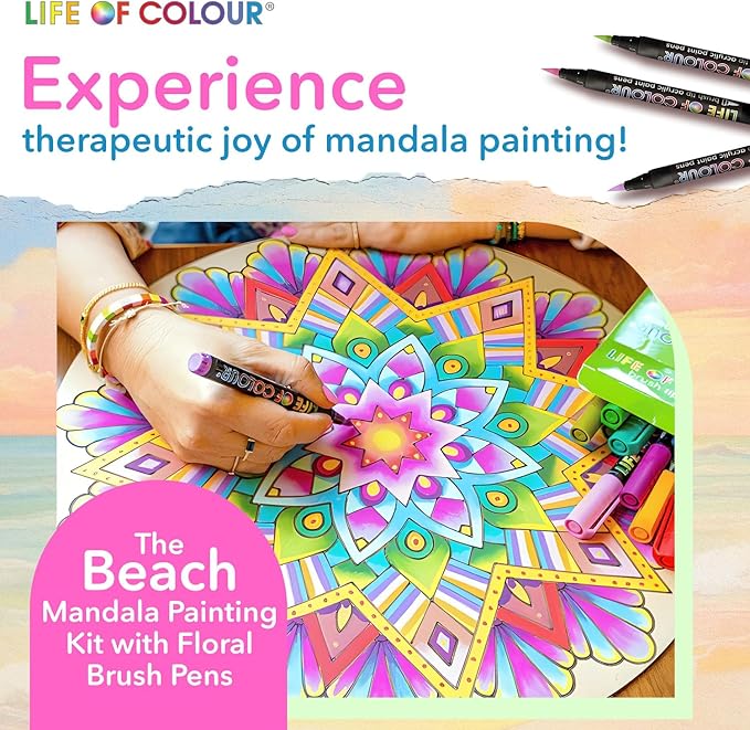 Life of Colour Mandala Painting Kit - Extra Large 15" Color Your Own Beach Engraved Board with 12 Acrylic Paint Pens - Restorative Mandala Art Meets Dramatic Wall Décor, Big 15+ Inch Size