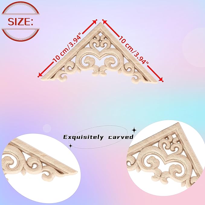 4PCS Corner Wooden Carving Decal Unpainted Wood Appliques Onlays DIY Wood Carved Furniture Appliques Onlays for Wall Bed Door Wardrobe Cabinet Furniture Decoration(05,10x10cm/3.94x3.94inch)