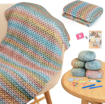 Aeelike Blanket Crochet Kit for Beginners, Super Easy Crochet Blanket Kit with Soft & Colorful Gradient Yarns Detailed Video Tutorials Crocheting Accessories, Classical Gradient & Ideal Gift