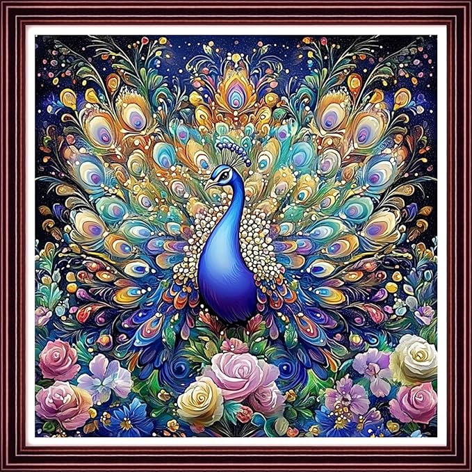 DMCCRAFT Stamped Cross Stitch Kits for Adults 11CT Printed Cross-Stitch Patterns Embroidery Kits Easy Cross Stitching Needlepoint Kits Crossstitch-Magical Peacock Flower 18x18 inch