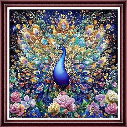 DMCCRAFT Stamped Cross Stitch Kits for Adults 11CT Printed Cross-Stitch Patterns Embroidery Kits Easy Cross Stitching Needlepoint Kits Crossstitch-Magical Peacock Flower 18x18 inch