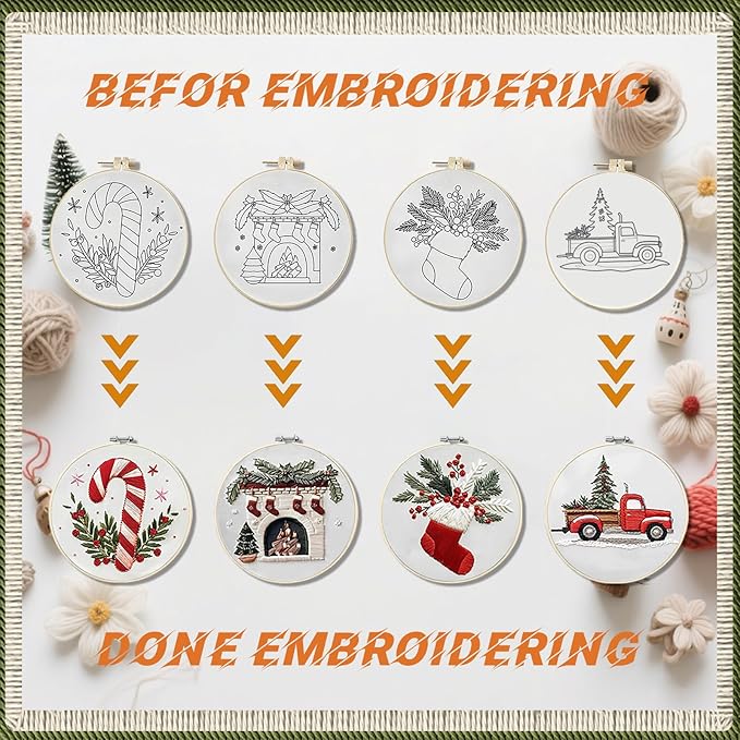 WKALXJ 4 Sets Christmas Embroidery Kits for Adults, Embroidery Kit for Beginners, Christmas Cross Stitch Kits for Beginners with Pattern, Needles, Threads, Tools (Candy Cane+Fireplace+Stocking+Truck)