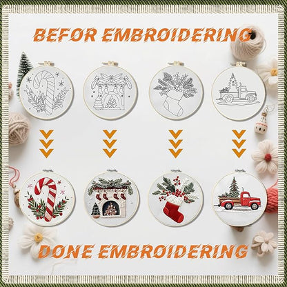 WKALXJ 4 Sets Christmas Embroidery Kits for Adults, Embroidery Kit for Beginners, Christmas Cross Stitch Kits for Beginners with Pattern, Needles, Threads, Tools (Candy Cane+Fireplace+Stocking+Truck)