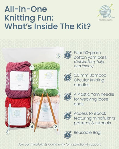 mindfulknits - Beginners Washcloth Knitting Kit - Includes 100% Cotton Knitting Yarn + Circular Knitting Needles & Yarn Needle (Flora Colored Cotton Yarn) - Mindful Crafting Kit