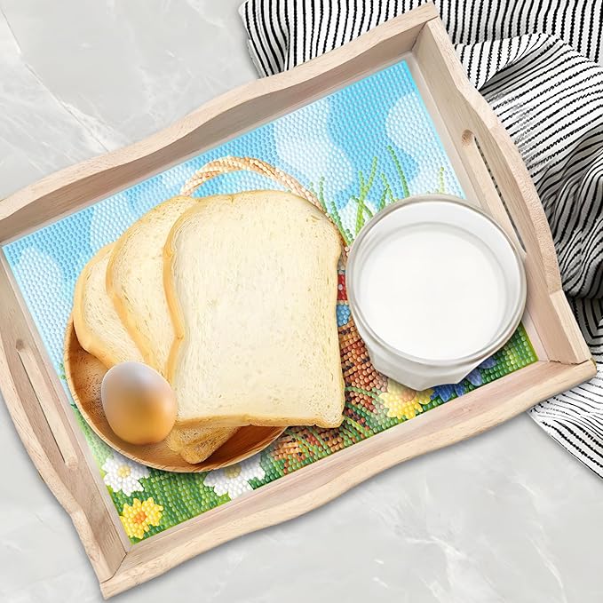 FGbaby DIY 5D Flowers Easter Eggs Diamond Painting Wood Serving Tray with Handles Diamond Art Serving Trays Wooden Tray for Breakfast in Bed, Patio, BBQ, Coffee Table, Party –Great for Lap & Couch