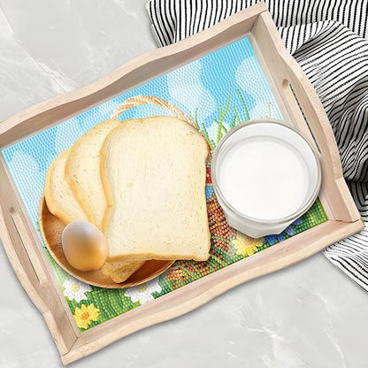 FGbaby DIY 5D Flowers Easter Eggs Diamond Painting Wood Serving Tray with Handles Diamond Art Serving Trays Wooden Tray for Breakfast in Bed, Patio, BBQ, Coffee Table, Party –Great for Lap & Couch