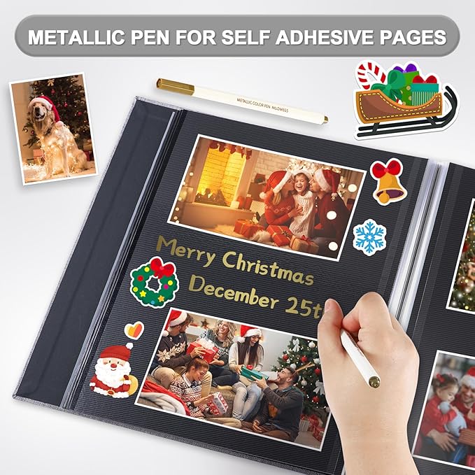 Self Adhesive Photo Album Black Pages Scrapbook Magnetic Photo Albums for 4x6 5x7 8x10 Pictures Books with Sticky Pages with A Metallic Pen for Baby Family Wedding 13.2x12.8 GrassGreen 120 Pages