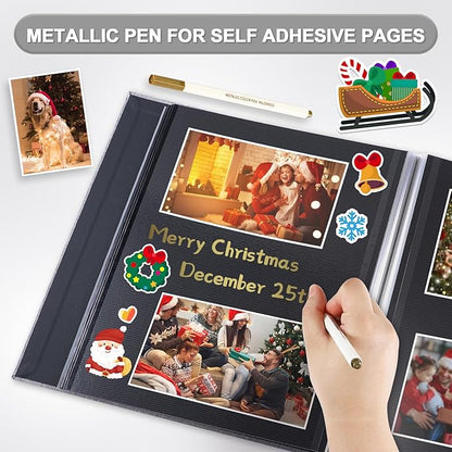 Self Adhesive Photo Album Black Pages Scrapbook Magnetic Photo Albums for 4x6 5x7 8x10 Pictures Books with Sticky Pages with A Metallic Pen for Baby Family Wedding 13.2x12.8 Pink 40 Pages