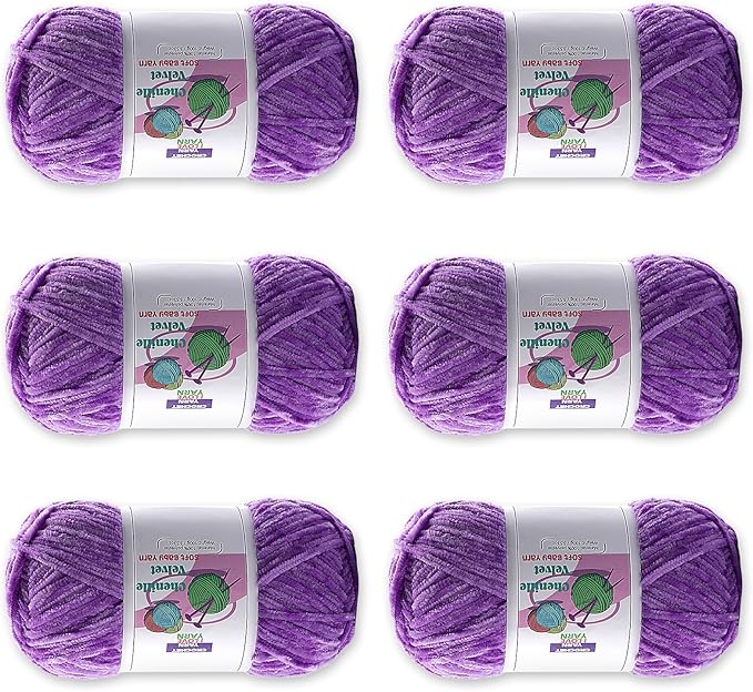 6 Skeins Soft Fluffy Velvet Yarn, Chenille Chunky for Hand Knitting and Crocheting DIY Craft, Amigurumi Crochet Yarns（6×196.8yds, 6×3.5oz） (Purple)