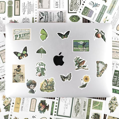 RISYPISY Pre-Cut Vintage Washi Journaling Sticker Book for Scrapbooking, 476PCS Green Scrapbooking Supplies, Ephemera for Junk Journal Supplies Crafts Arts, Dark Academia Stickers for journaling