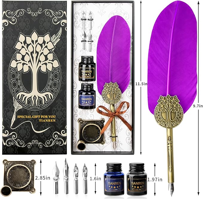 TIANREN Quill pen ink set,Feather Pen and Ink Set,Antique Calligraphy Pen with 4 Replaceable Nibs,2 Bottle of ink,Feather Dip Pen Holder Christmas Gift for Men&Women.(Purple)