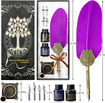 TIANREN Quill pen ink set,Feather Pen and Ink Set,Antique Calligraphy Pen with 4 Replaceable Nibs,2 Bottle of ink,Feather Dip Pen Holder Christmas Gift for Men&Women.(Purple)