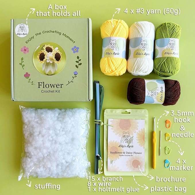Lily's Lyric Flower Crochet Kit | Sunflower & Daisy Flower | Step-by-Step Video Tutorial for Adults Teenagers | DIY Home Decoration Craft Table Centerpiece