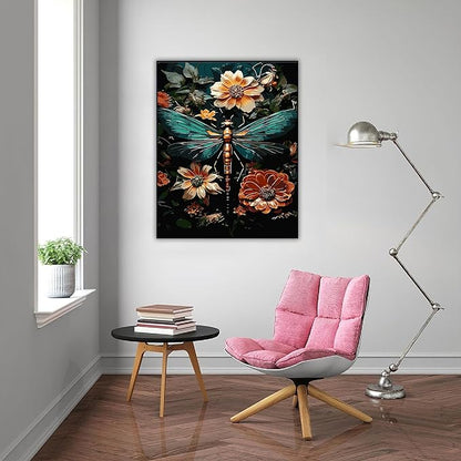 Dragonfly Paint By Numbers Kit For Adults Beginner Cabin Adult Paint By Number Kits On Canvas Dragonfly Flower Oil Painting Kit For Beginners Adults For Gift Home Wall Decor 16x20 Inch（Without Frame）