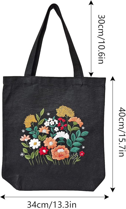 MAMUNU Canvas Tote Bag Embroidery Kit with Pattern for Beginners, Arts and DIY Crafts Kits for Adults, Include Instructions Embroidery Bag, Embroidery Hoops, Color Threads and Tool (Black)