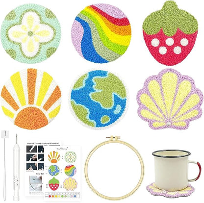 HAND U JOURNEY Craft Punch Needle Coasters Kit - 6 Patterns with Adhesive Felt, Yarns, Embroidery Hoop - Perfect for Adults, Beginners, and Starter with Instructions