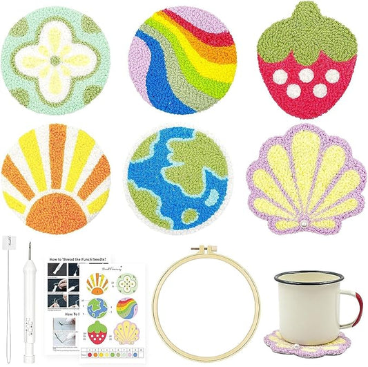 HAND U JOURNEY Craft Punch Needle Coasters Kit - 6 Patterns with Adhesive Felt, Yarns, Embroidery Hoop - Perfect for Adults, Beginners, and Starter with Instructions