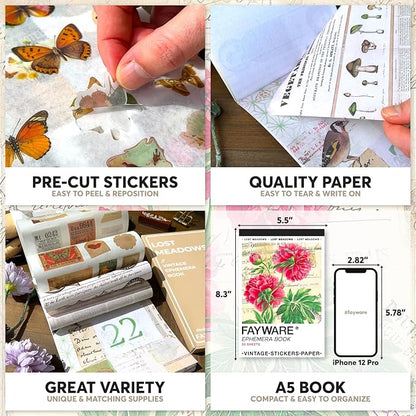 FAYWARE Vintage Washi Stickers for Journaling - Ephemera Book for Journaling with 414 Stickers & 20 Scrapbook Papers. Junk Journal Supplies, Scrapbooking Supplies