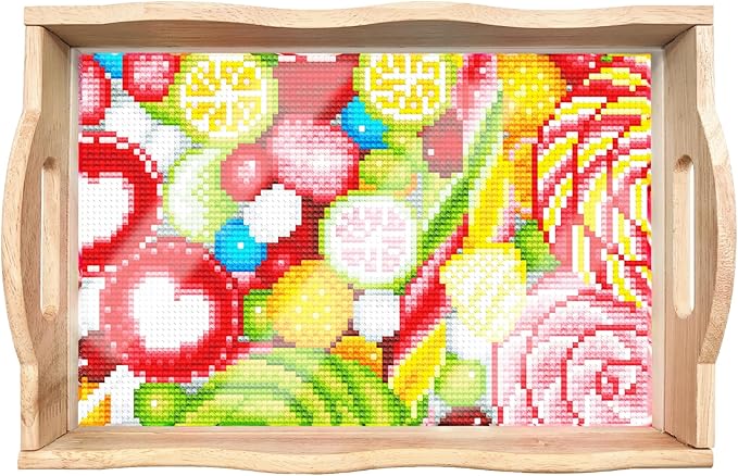 FGbaby DIY 5D Candy Diamond Painting Wood Serving Tray with Handles Diamond Art Decorative Decor Serving Trays Wooden Tray for Breakfast in Bed, Patio, BBQ, Coffee Table, Party –Great for Lap & Couch