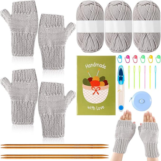 GliCraft Knitting Kit for Beginners Learn to Knit Kit for Adults Gloves Starter Bundle with Step-by-Step Instructions Includes Wool Yarn, Needles & Accessories(Grey)