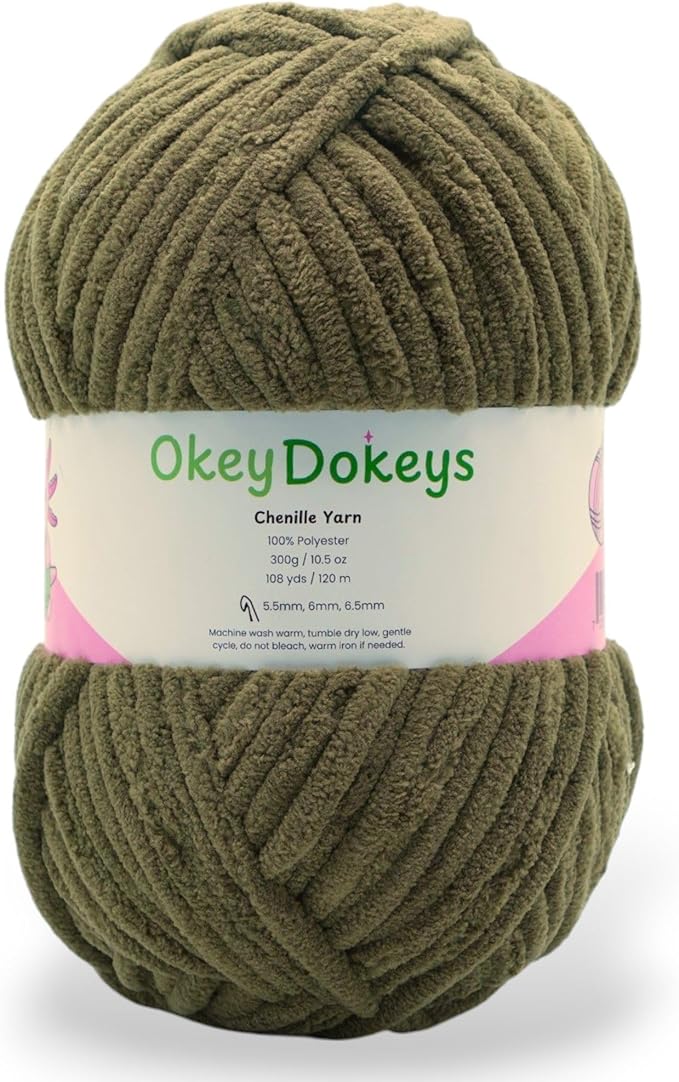 Okey Dokeys 300g Jumbo Velvet Chenille Yarn 7 Jumbo – Plush, No-Fray, Durable Plushies, Posh Soft Crochet Projects Beginner Friendly (130 yds) (Camo Green (119), 1 Pack (17.90/Skein))