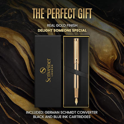 Scriveiner Luxury Fountain Pen - Stunning Luxury Pen, Real Gold Finish, Schmidt Gilded Nib (Fine), Converter, Best Pen Gift Set for Men & Women, Professional, Executive, Office, Nice Pens