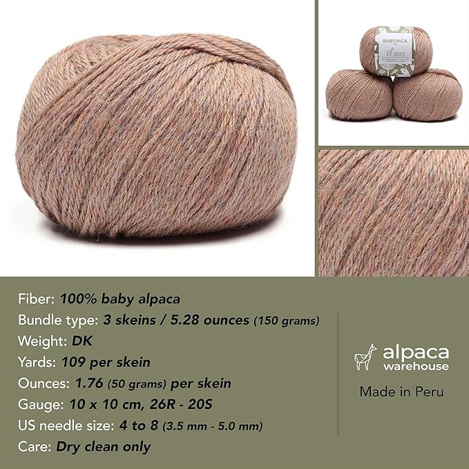 100% Baby Alpaca Yarn Wool Set of 3 Skeins (150 Grams) DK Weight - Made in Peru - Heavenly Soft and Perfect for Knitting and Crocheting (Heather Peach, DK)