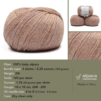 100% Baby Alpaca Yarn Wool Set of 3 Skeins (150 Grams) DK Weight - Made in Peru - Heavenly Soft and Perfect for Knitting and Crocheting (Heather Peach, DK)