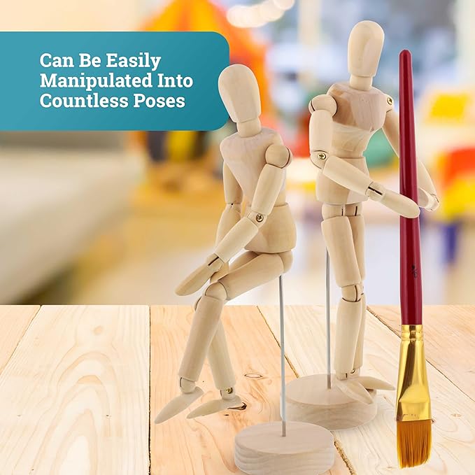 U.S. Art Supply 12" Wooden Male & Female Manikin Posable Figures for Drawing - Articulated Mannequin with Base and Flexible Body for Drawing The Human Figure