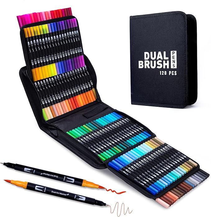 Abvqr Dual Markers Brush Pens, 120 Coloring Pens for Adults – Premium Art Supplies for Adults, Perfect for Coloring Books, Hand Lettering, Calligraphy, and Drawing