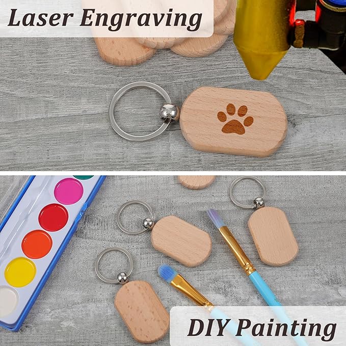 70 PCS Wooden Keychain Blanks, Wood Engraving Blanks Key Chain, Unfinished Rectangle Round Wood Key Tag for DIY Crafts