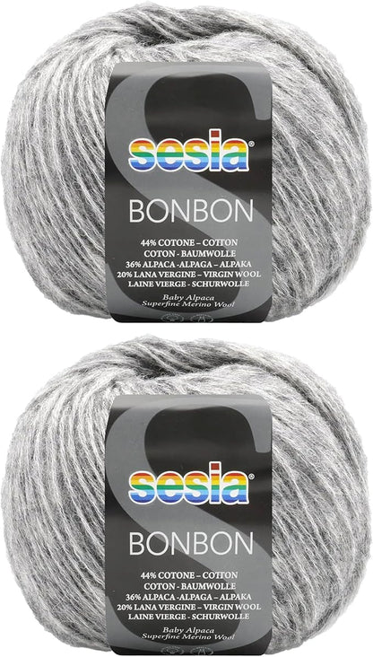 2 Skeins, Baby Alpaca, Superfine Merino Wool, Cotton, 458 Yds/3.5 oz., Needles US 6-7, Sesia Bon Bon (2, Gray - 0461)
