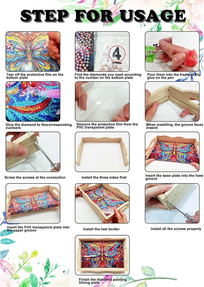 DoxQcs DIY Diamond Art Wooden Tray Kit Easter Food Tray with Handle Diamond Painted Table Decoration Tray for Breakfast Bar Dinner Table Diamond Art Painting for Beginners-Rose Heart