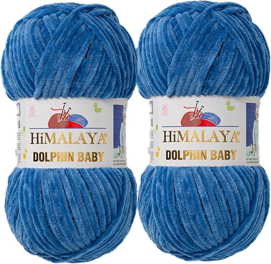 2 Skein/Pack Himalaya Dolphin Baby Chenille Yarn, Each Ball 100 gr (3.5 oz), 120 m (132 Yards), 100% Polyester, Super Bulky Baby Blanket Velvet Amigurumi Yarn, 80341 - Denim Blue
