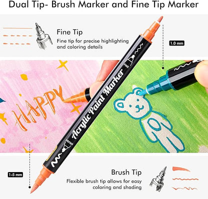 28 Pastel Colors Dual Tip Acrylic Paint Markers, Brush Tip and Fine Tip Acrylic Paint Pens for Rock, Ceramic, Wood, Canvas, Plastic, Glass, Stone, Calligraphy, Card Making, Crafts & Nail Art