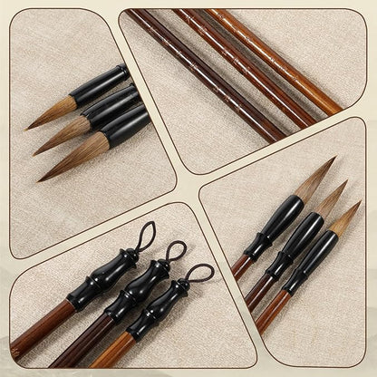 Zyghjort 3 PCS Chinese Calligraphy Brush, Chinese Calligraphy Brush 3 Sizes Writing Drawing Watercolor Ink Brushes Hubi Painting Kanji Sumi Writing Brushes for Beginners & Artists