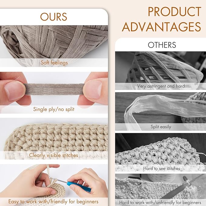 NICEEC 6 Skeins Soft Tape Yarn, Easy Crohcet Raffia, Crochet & Knitting, Paper Ribbon Yarn for DIY Craft Gift Wrapping Total Length 1.76oz×6/109yds×6 - Grayish Brown