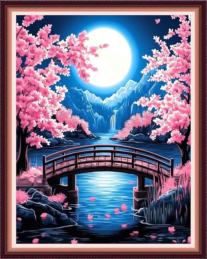 Fanxvivy Stamped Cross Stitch Kits for Beginners Full Range of Cross Stitching Preprinted Embroidery Kits for Adults, 11CT Embroidery Pattern Needlepoint Kits-Peach Blossom Moon 16x20 inch