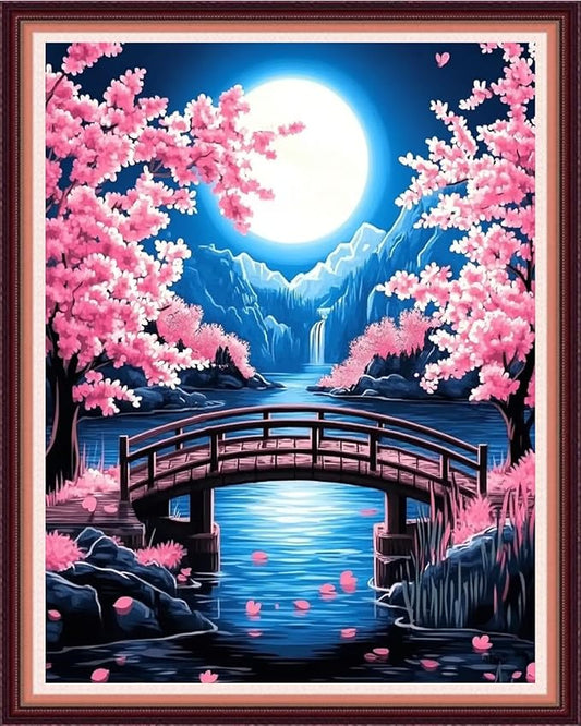 Fanxvivy Stamped Cross Stitch Kits for Beginners Full Range of Cross Stitching Preprinted Embroidery Kits for Adults, 11CT Embroidery Pattern Needlepoint Kits-Peach Blossom Moon 16x20 inch