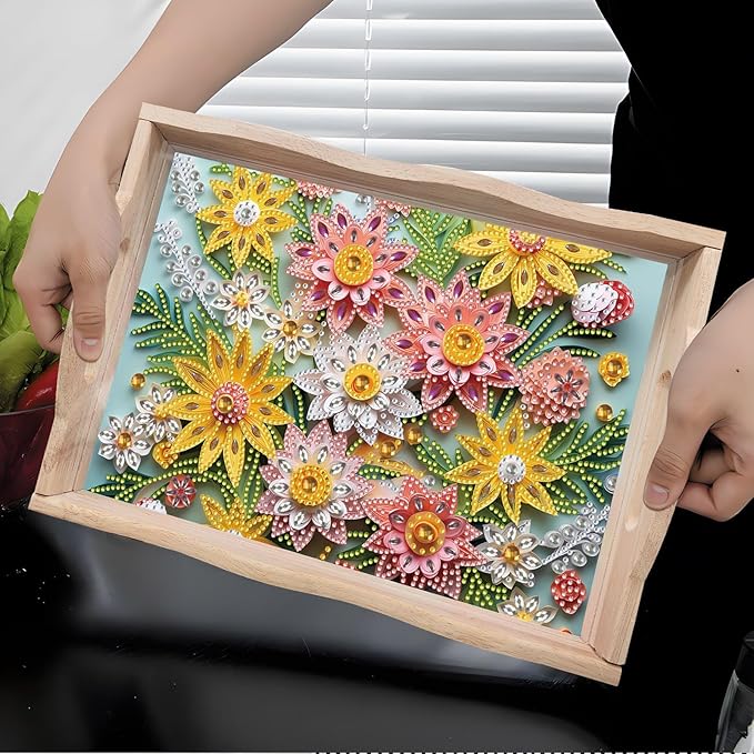 DIY Diamond Art Wooden Tray Kit, Food Tray with Handle Diamond Painted Table Decoration Tray, for Breakfast, Bar Dinner Table Diamond Dots Gem Painting Art Set for Beginners-#38-Flower