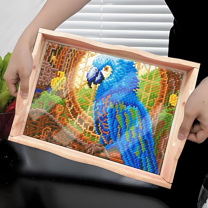 FGbaby DIY 5D Blue Parrot Diamond Painting Wood Serving Tray with Handles Diamond Art Decorative Serving Trays Wooden Tray for Breakfast in Bed, Patio, BBQ, Coffee Table, Party –Great for Lap & Couch